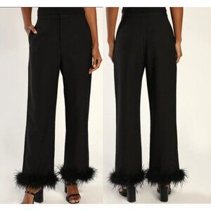 Lulus Gothic Black Feather Trimmed Hem Straight Leg Pants Size Large NWT